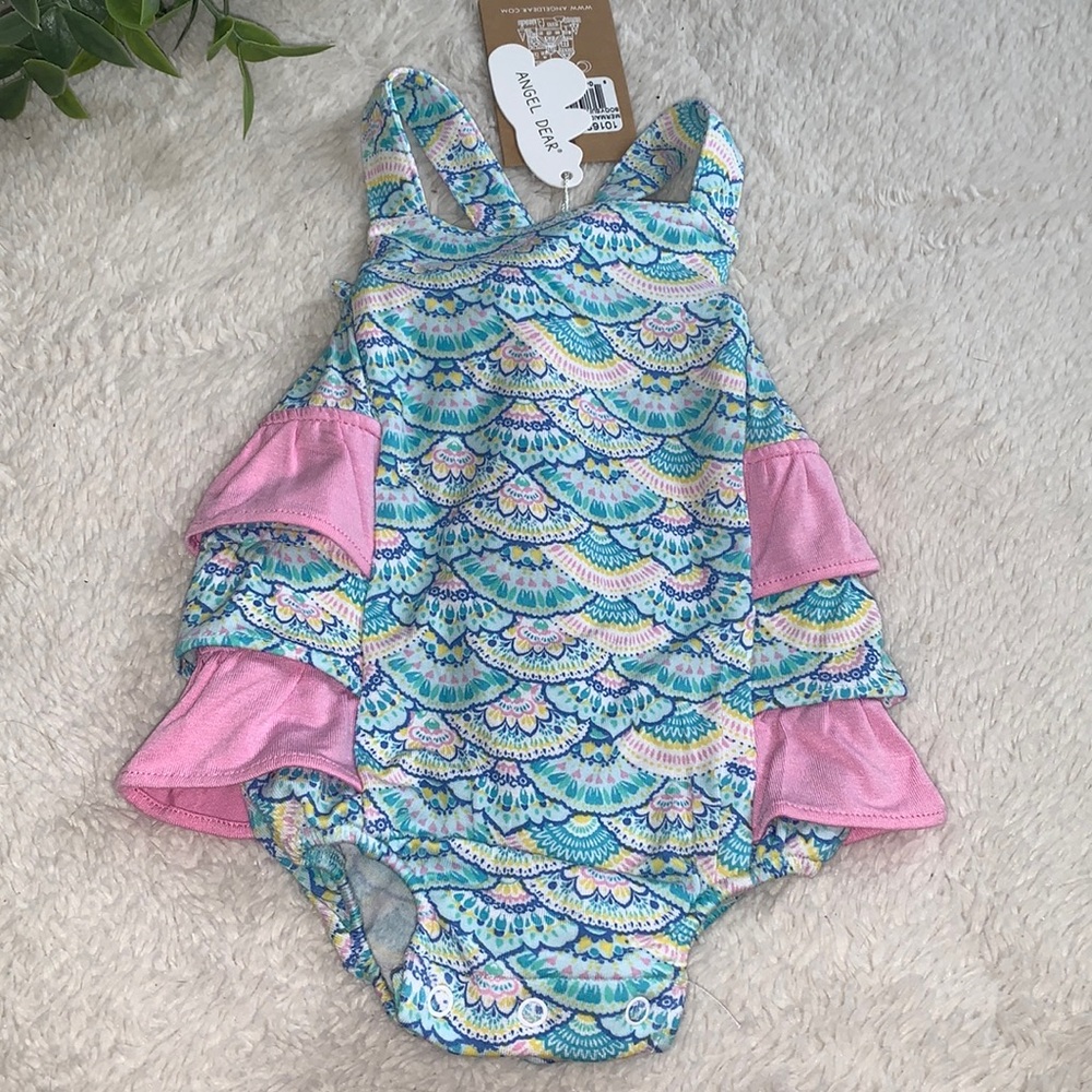 NWT Angel Dear Mermaid Scales Sunsuit Ruffled Romper 0-3M Pink Blue Bamboo